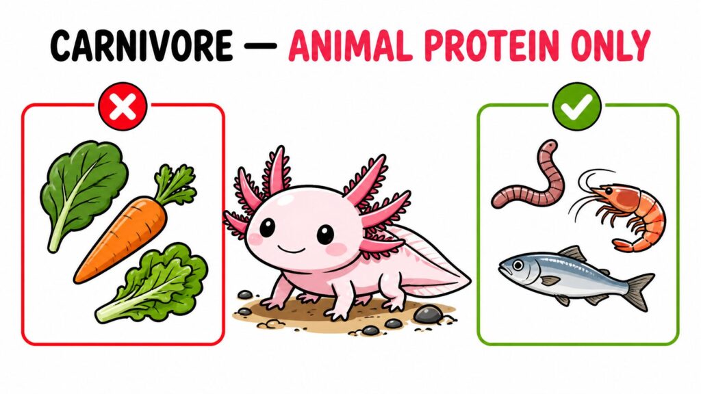 Axolotl diet classification showing animal prey as food and plant matter rejected