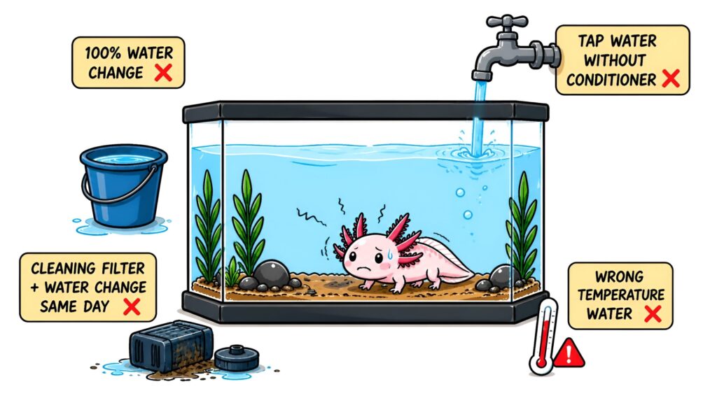 Common axolotl tank cleaning mistakes including full water change chlorine exposure and temperature shock