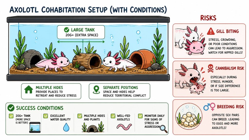 Axolotls living together with proper space and hides showing cannibalism and breeding risks