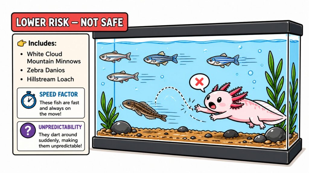 Fish species that may live with axolotls including minnows danios and loaches with ongoing risk