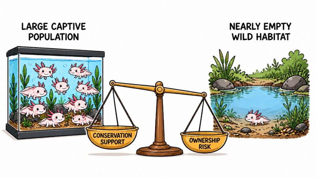 Axolotl conservation paradox showing large captive population and critically low wild population