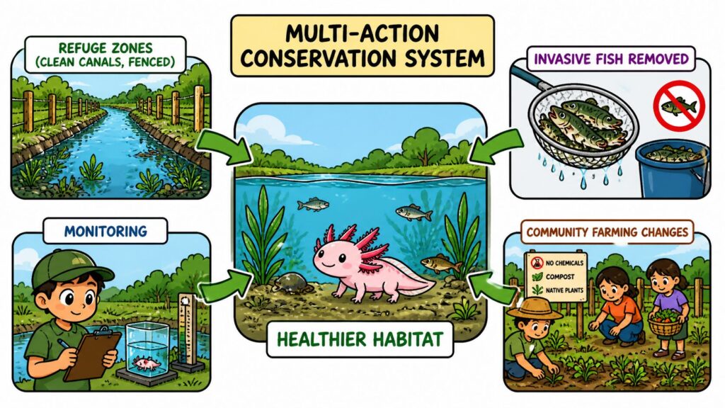 Axolotl conservation refuges showing protected clean canal sections