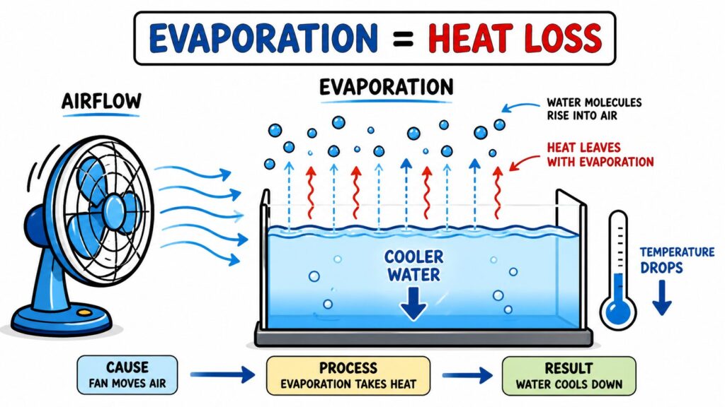Cooling fan working by increasing evaporation and removing heat from aquarium water
