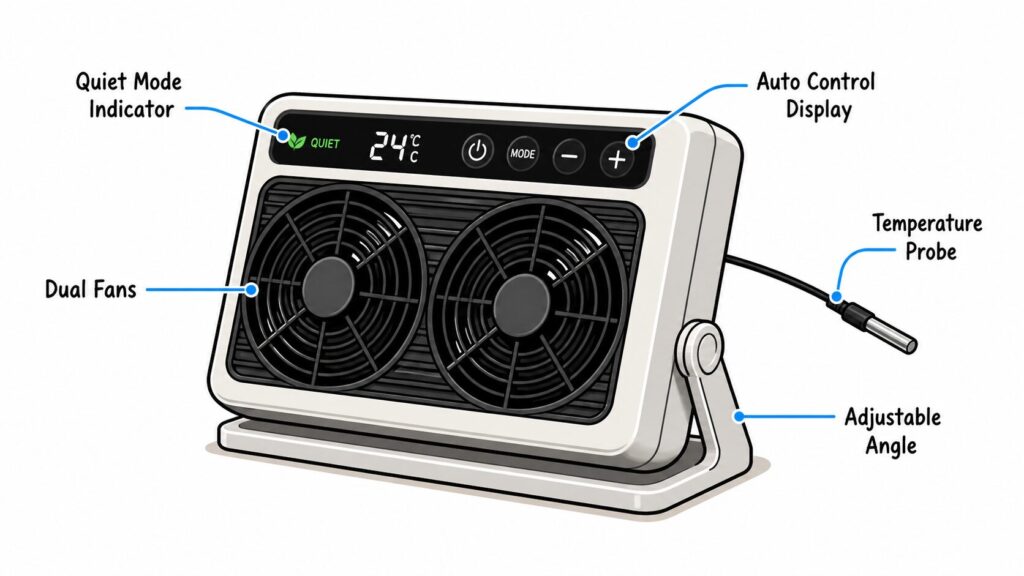 Aquarium cooling fan features showing dual fans temperature probe and adjustable controls