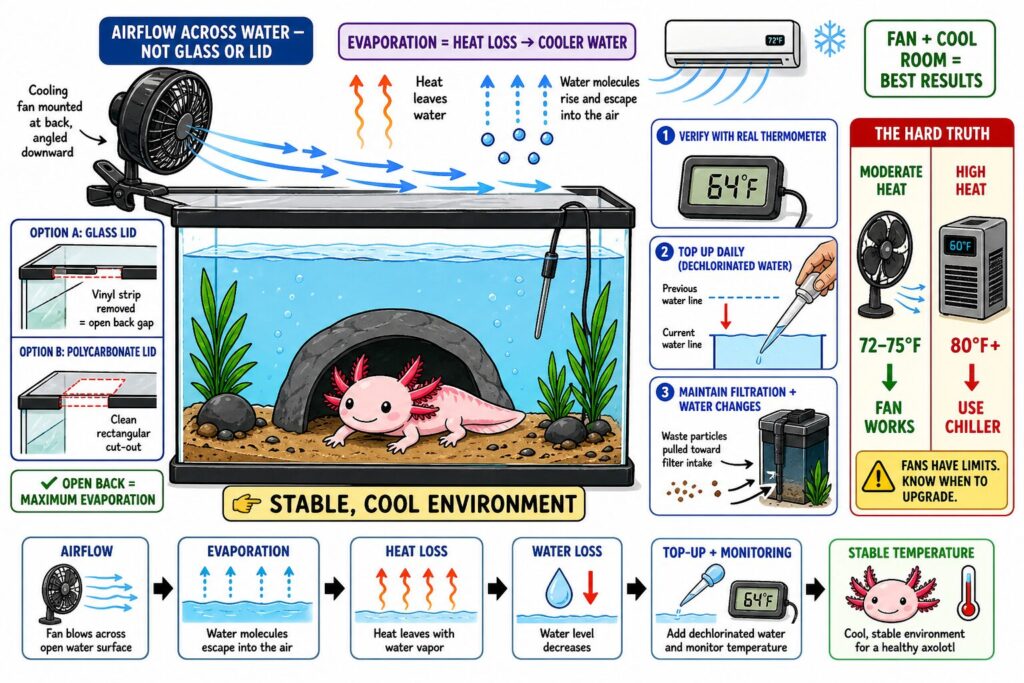 Proper cooling fan placement blowing across water surface for maximum evaporation