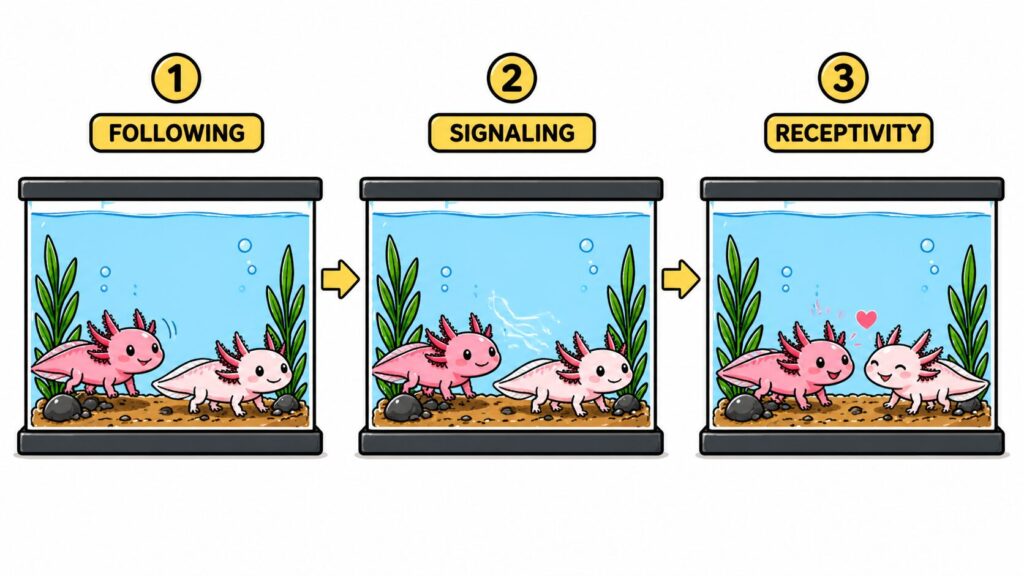 Axolotl courtship showing male following female tail movement and pheromone signaling behavior