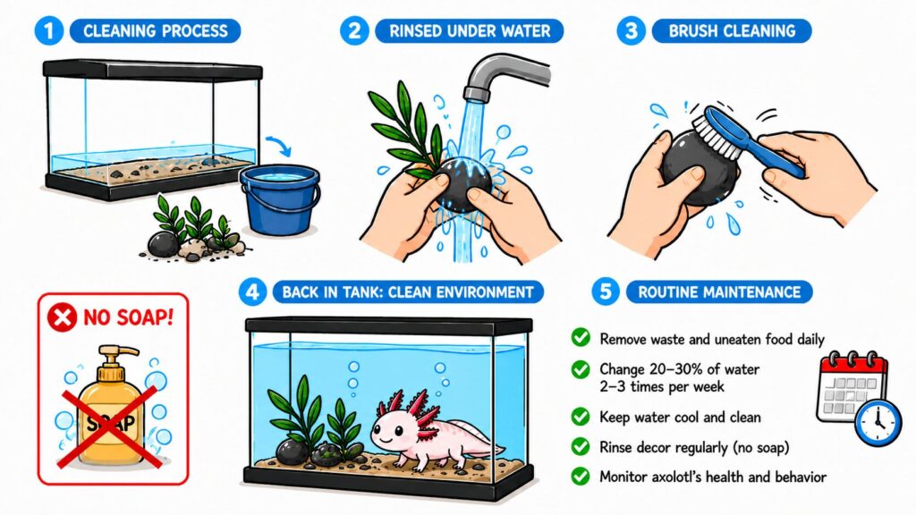 Cleaning axolotl tank decor using water only and removing algae and buildup safely