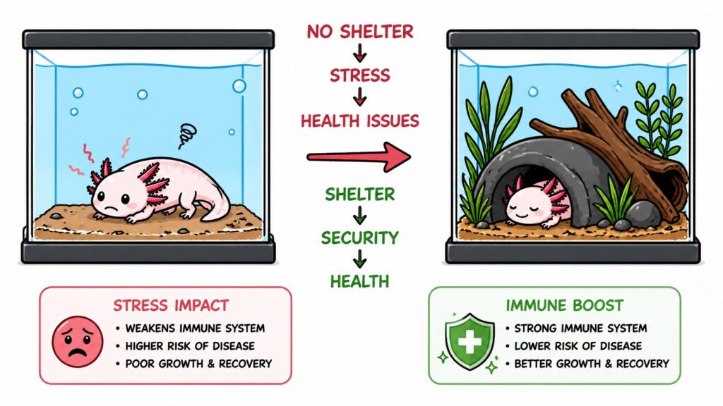 Axolotl tank without decor causing stress compared to enriched tank with hides and plants improving health