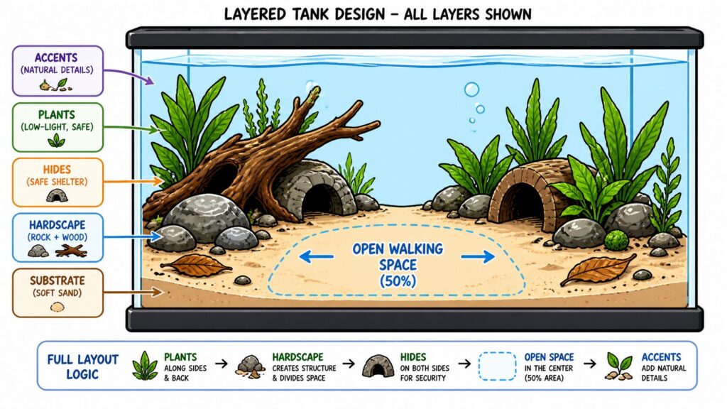 Axolotl tank layout showing substrate hardscape hides plants and open walking space