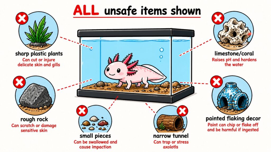 Unsafe axolotl decor including sharp plastic coral painted items small parts and rough surfaces