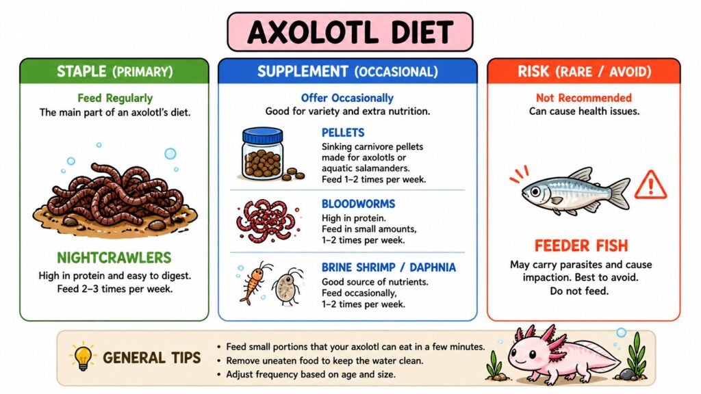 Axolotl captive diet showing worms pellets bloodworms shrimp and risks of feeder fish