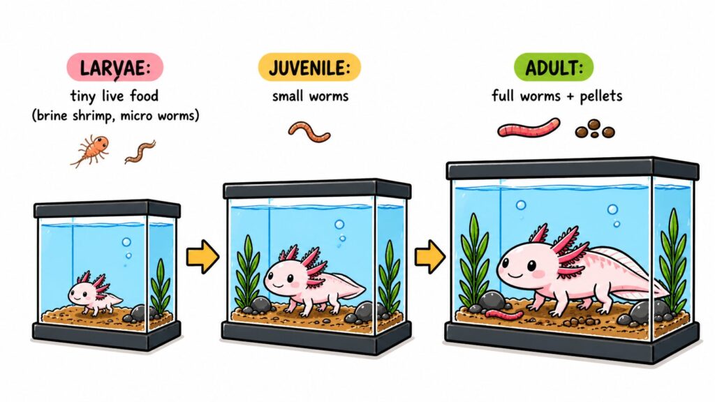 Axolotl diet progression showing larvae feeding on micro prey and adults eating worms and pellets