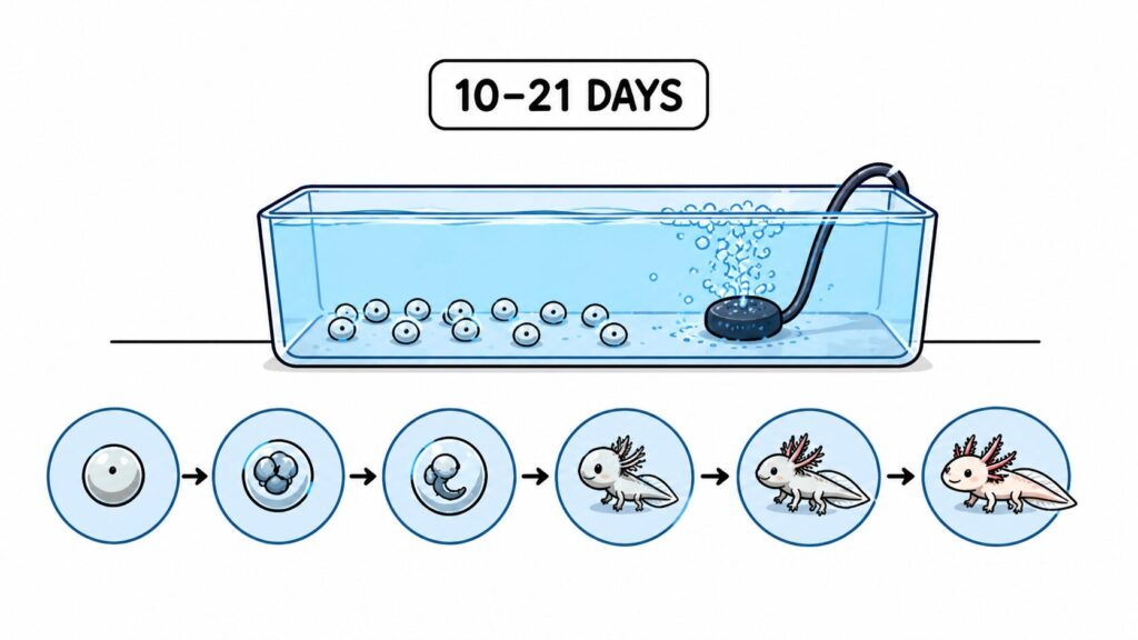 Axolotl egg incubation showing aeration methylene blue treatment and embryo development stages