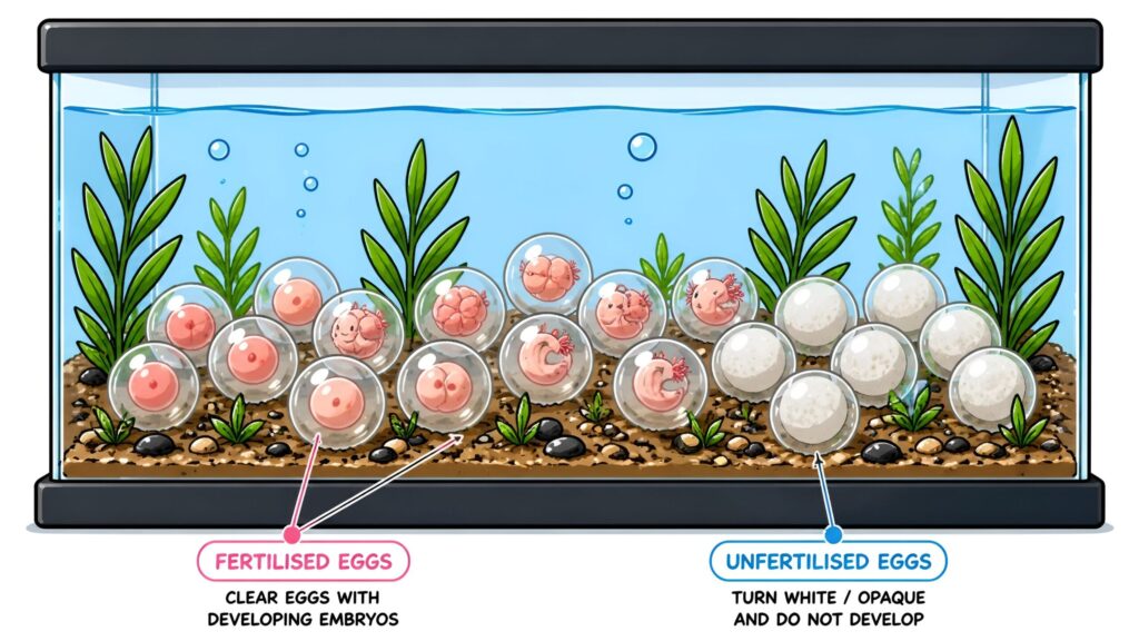 Axolotl eggs showing fertilised development and unfertilised eggs turning white