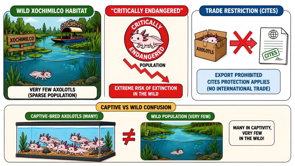 Axolotl endangered status showing declining wild population and trade restrictions compared to captive bred population
