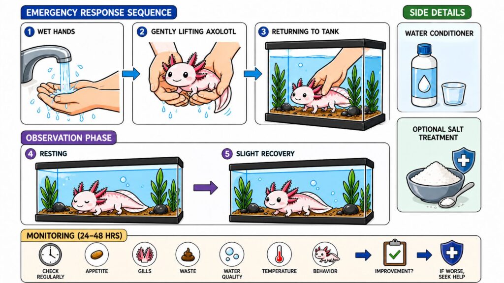 Axolotl escape response showing gentle handling return to water and monitoring recovery
