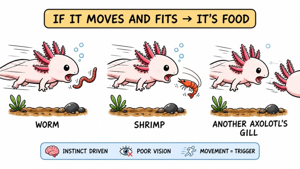 Axolotl feeding instinct showing snapping at moving objects including prey and other axolotl body parts