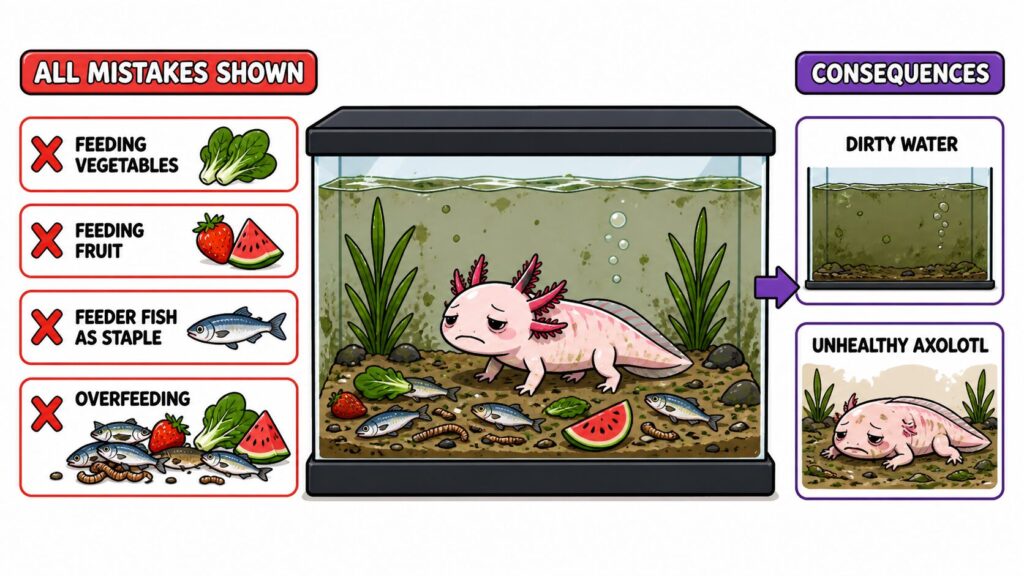 Common axolotl feeding mistakes including plant feeding feeder fish overuse and overfeeding