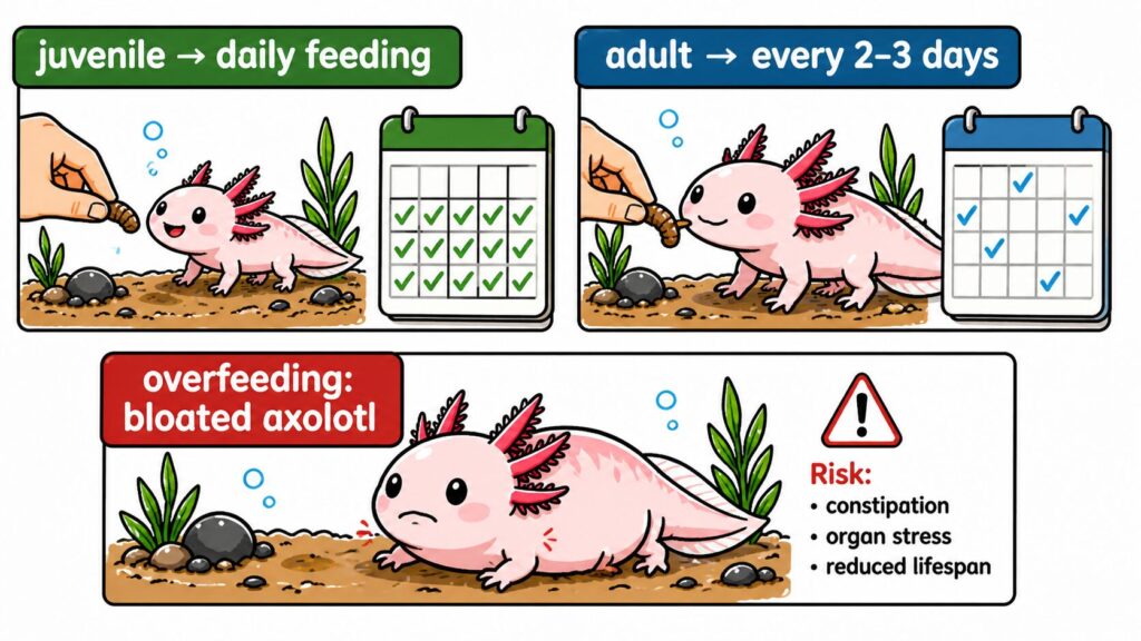 Axolotl feeding frequency showing daily juvenile feeding and reduced adult feeding with overfeeding risk