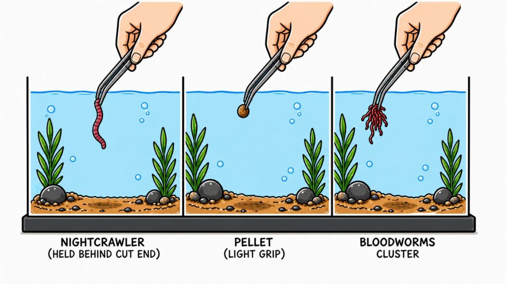 Feeding axolotl with tongs showing handling of worms pellets and bloodworms correctly