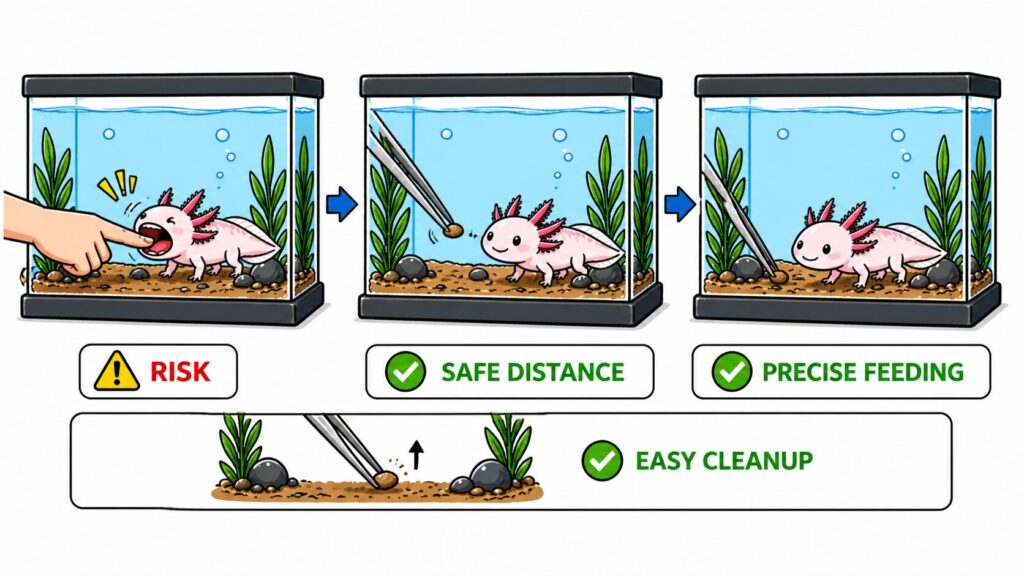 Feeding tongs used for axolotls showing safe distance precise food placement and removal of uneaten food