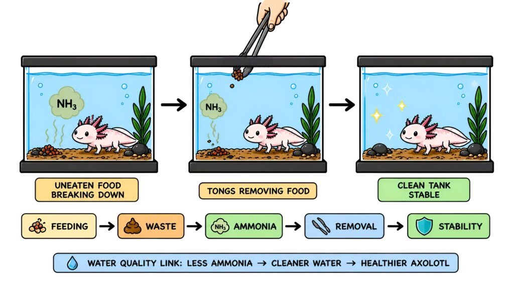 Uneaten axolotl food causing ammonia buildup and removal with tongs maintaining water quality