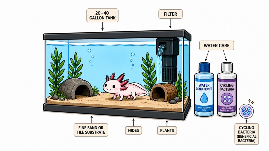 Axolotl freshwater tank setup showing filtration substrate hides plants and proper environment
