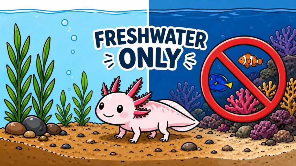 Axolotl shown in freshwater environment with saltwater side crossed out indicating freshwater only species