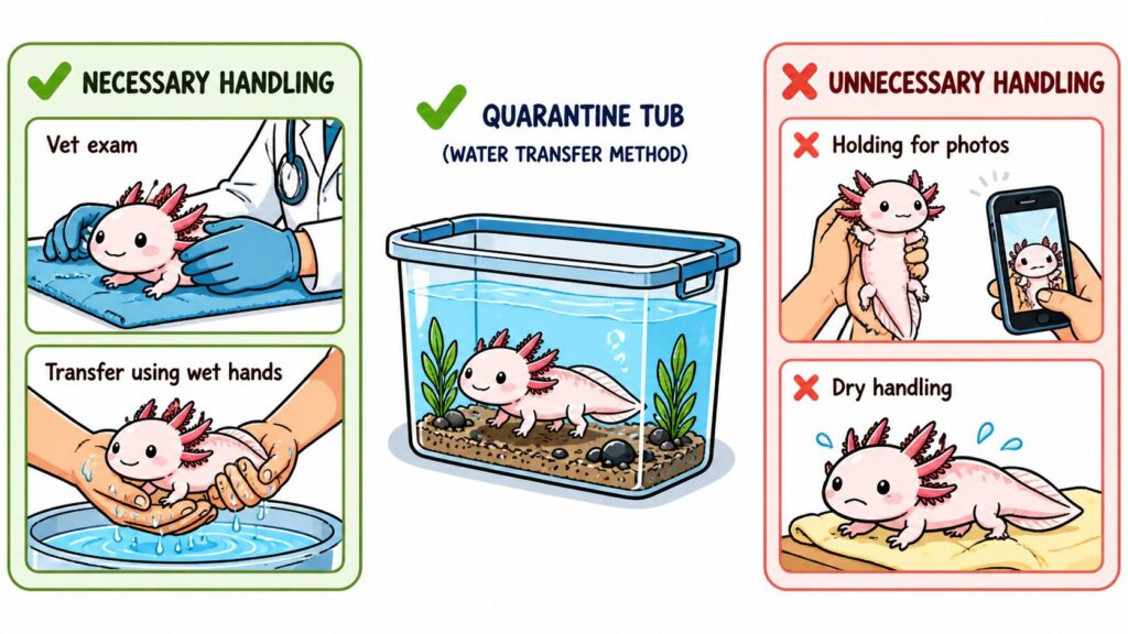 Safe and unsafe axolotl handling showing minimal necessary removal and avoidance of unnecessary handling