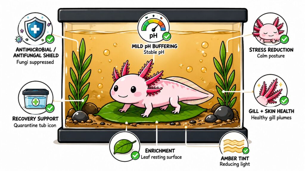 Benefits of Indian almond leaves for axolotls including stress reduction gill health and antifungal support