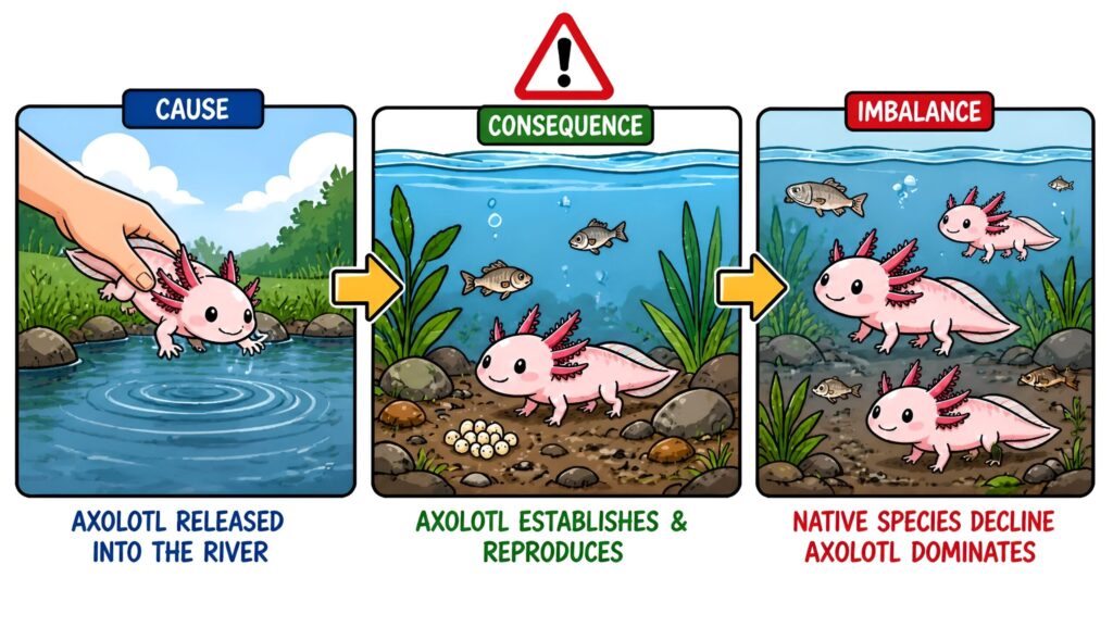 Axolotl released into ecosystem showing potential invasive species impact on native aquatic life