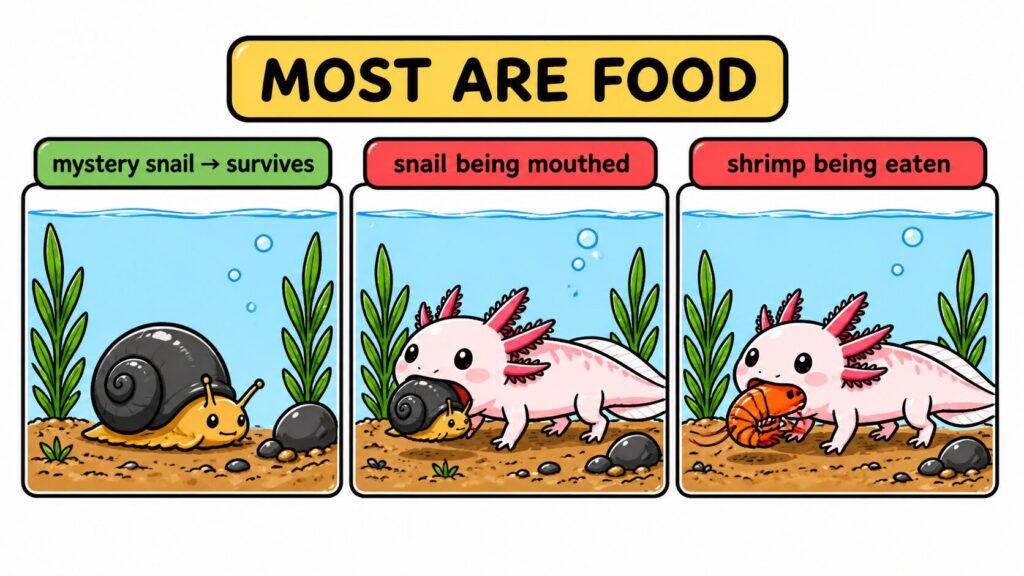Axolotl interaction with invertebrates showing snails surviving sometimes and shrimp being eaten