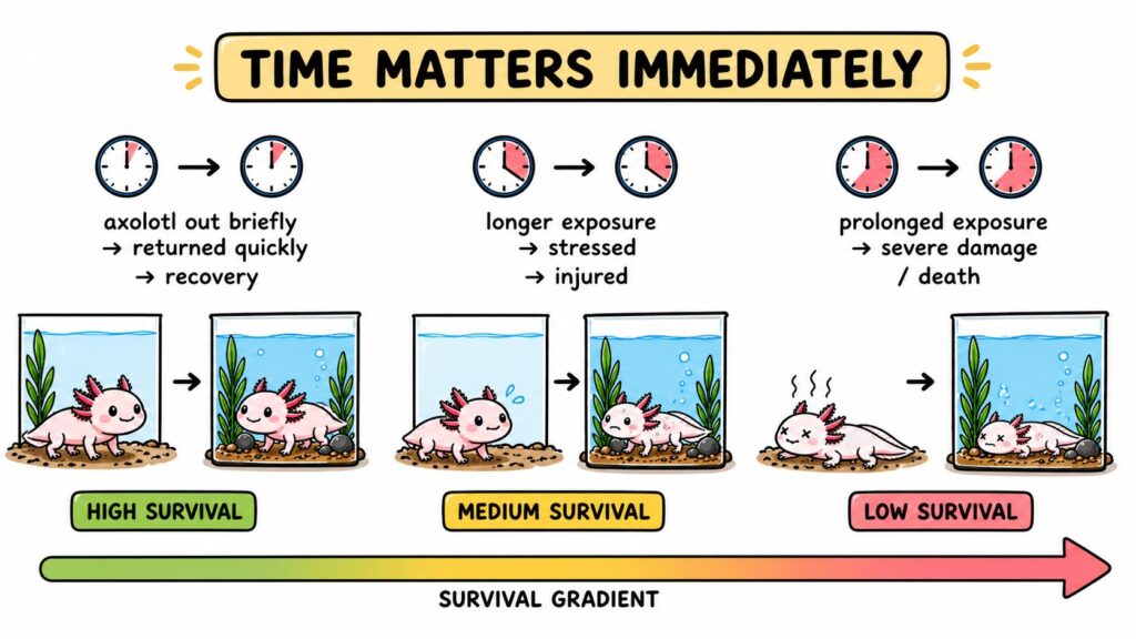 Axolotl survival outside water showing recovery if returned quickly and risk increasing over time