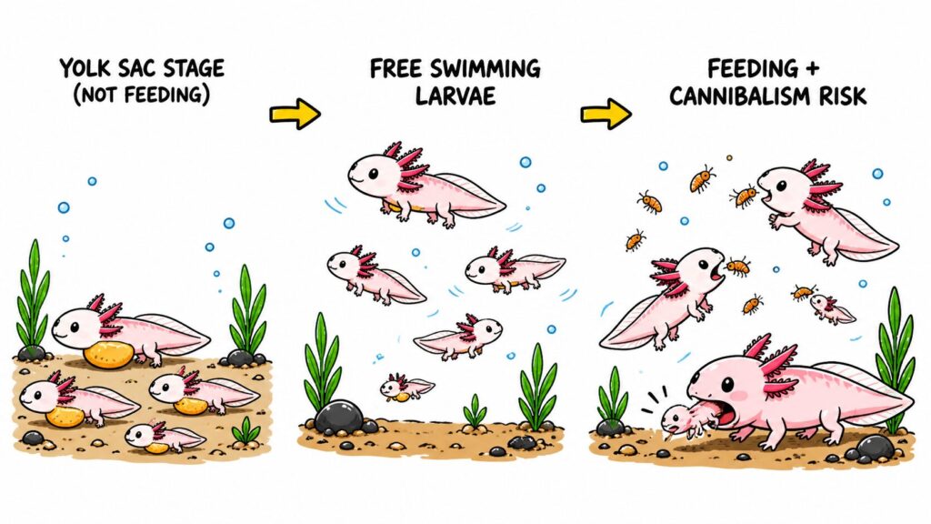 Axolotl larvae stages showing yolk sac development feeding and cannibalism risk between individuals