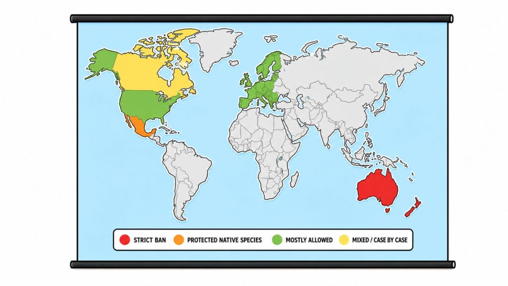 World map showing axolotl legality with countries where ownership is banned restricted or allowed