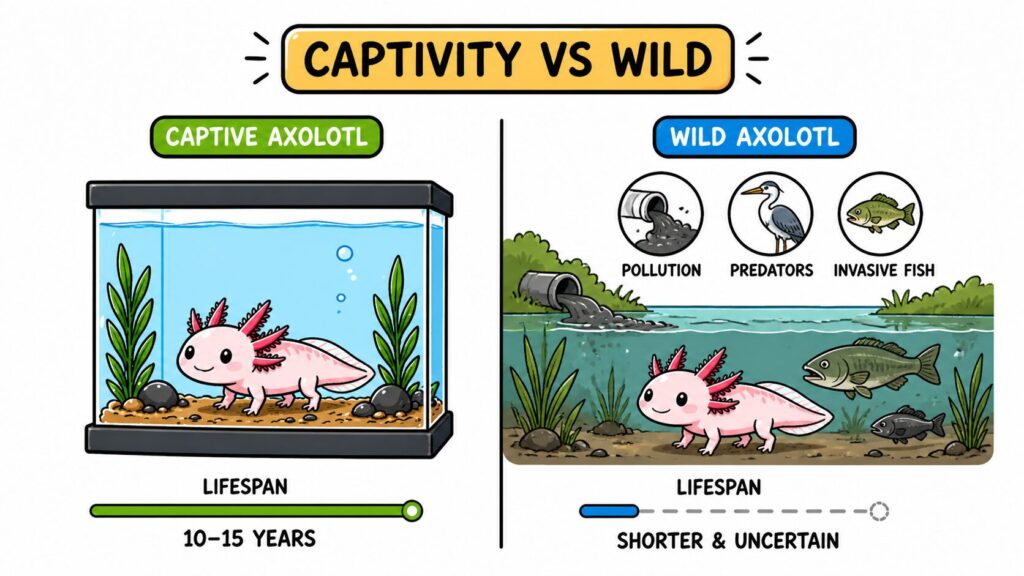 Axolotl lifespan comparison showing longer captive lifespan and shorter wild lifespan due to environmental threats