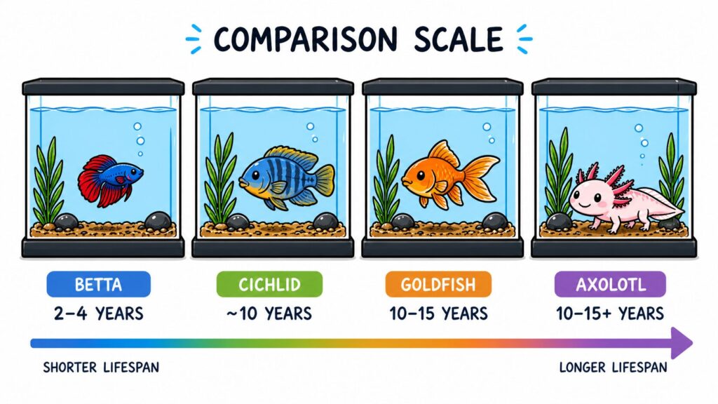 Axolotl lifespan compared to other aquarium animals showing longer lifespan than most fish