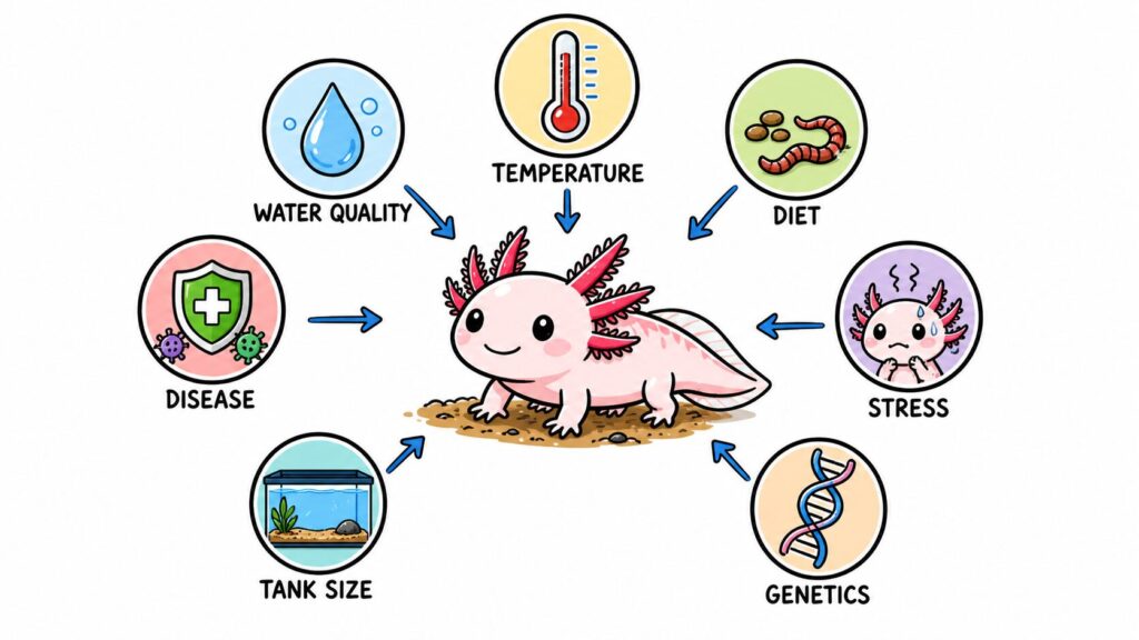 Factors affecting axolotl lifespan including temperature water quality diet stress disease tank size and genetics