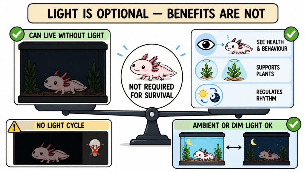 Balanced scale visual showing that axolotls do not require light for survival but benefit from lighting for observation, plant growth, and day-night rhythm.
