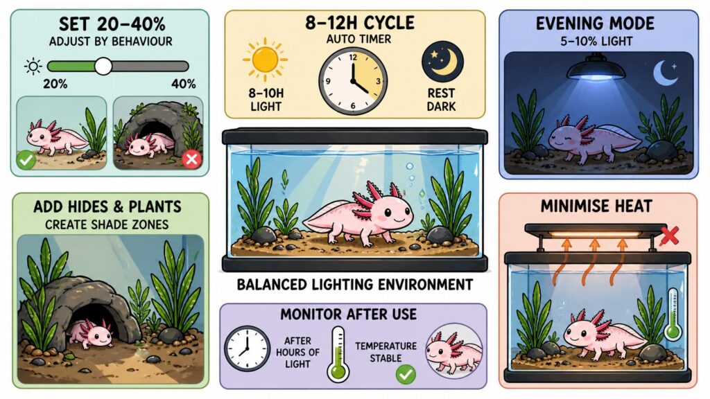 Control-room style visual showing how to set up axolotl tank lighting with brightness adjustment, timer cycle, moonlight phase, shaded areas, and heat management.