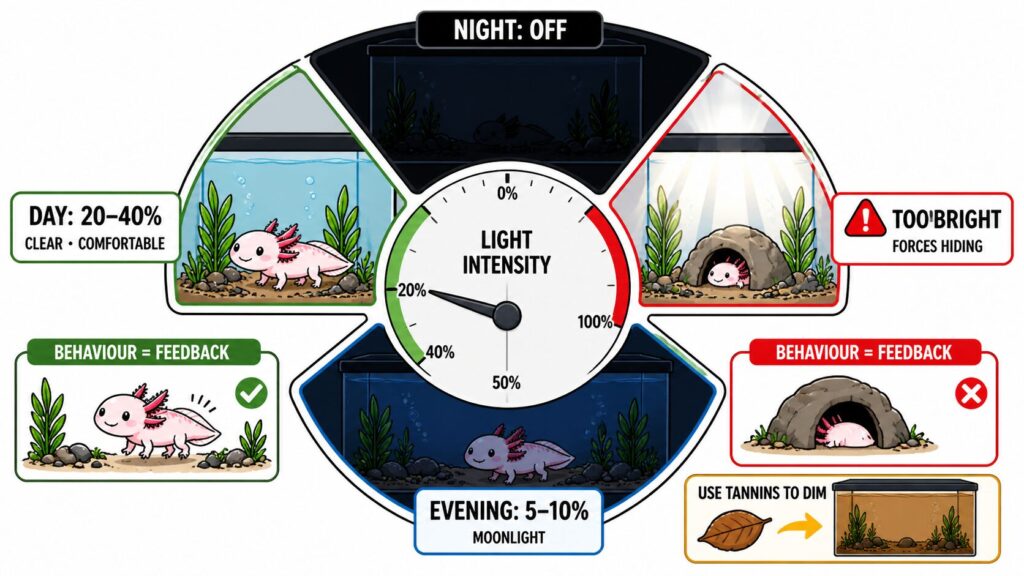 Dial-style visual showing ideal axolotl tank light brightness levels across day, evening, and night, with behavior cues indicating when lighting is too bright.