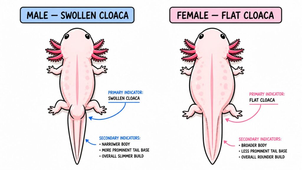 Male and female axolotl comparison showing cloaca differences and body shape for sex identification