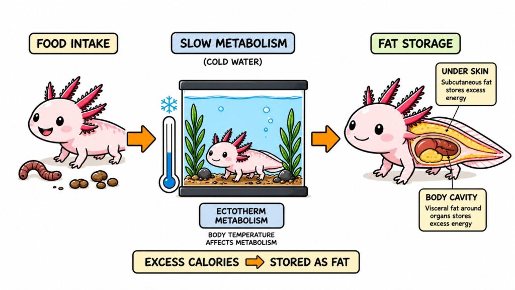 Axolotl metabolism showing slow energy use and fat storage influenced by temperature