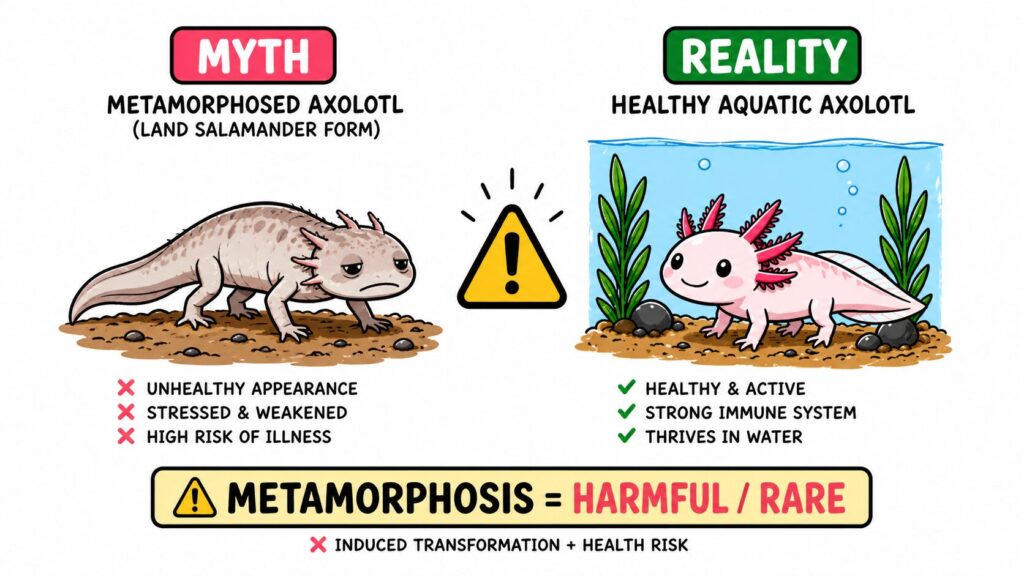 Axolotl metamorphosis myth showing unhealthy land form compared to healthy aquatic axolotl