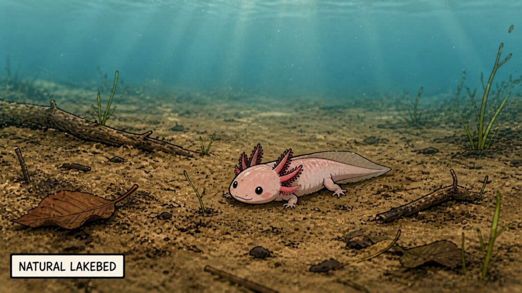 Axolotl in natural lakebed with fine silt soft mud and organic debris showing natural substrate conditions