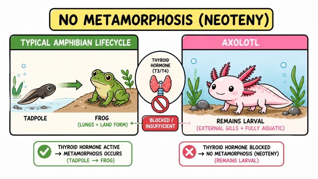 Axolotl neoteny showing permanent larval form with gills and no ability to live on land