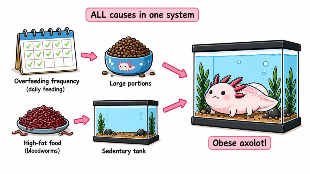 Causes of axolotl obesity including overfeeding large portions high fat foods and inactivity