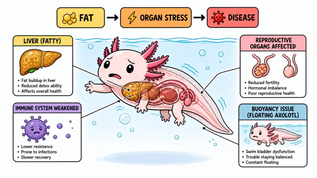 Axolotl obesity effects showing fatty liver immune suppression and buoyancy problems