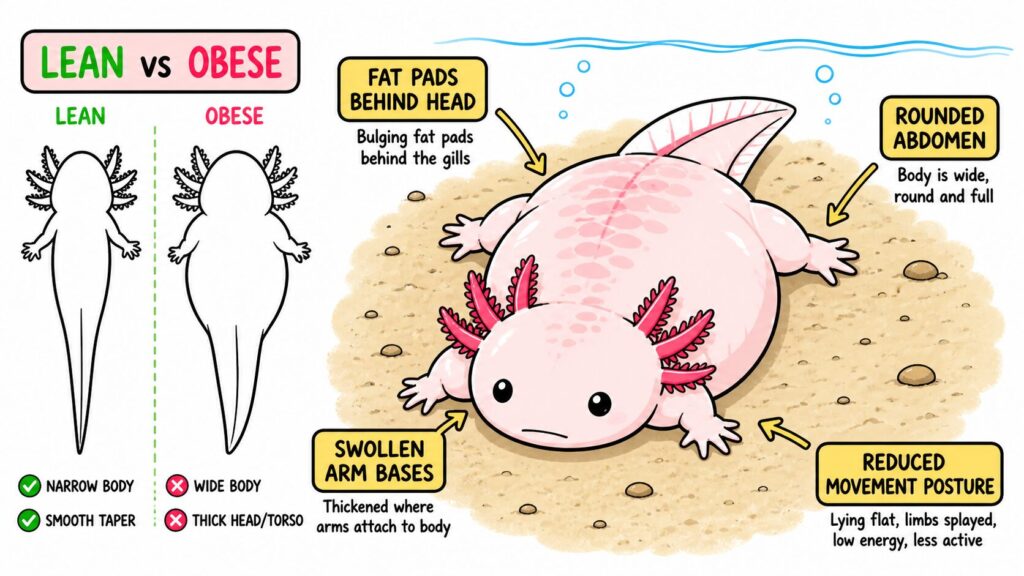 Signs of axolotl obesity showing fat deposits around head limbs and abdomen