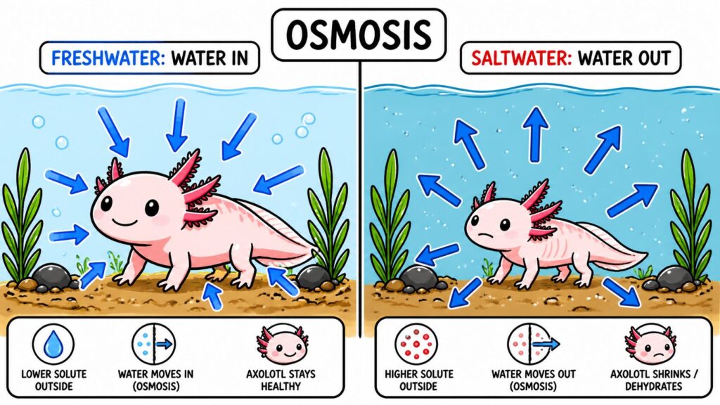 Axolotl osmosis showing water entering in freshwater and leaving body in saltwater causing dehydration